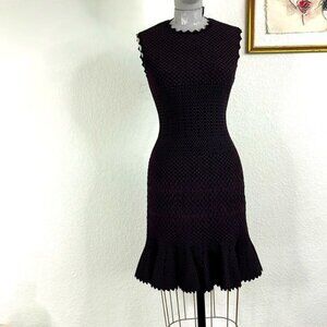 ALAIA Knit Scalloped Diamond Print Drop Waist Knee Fit Flare Sleeveless Dress